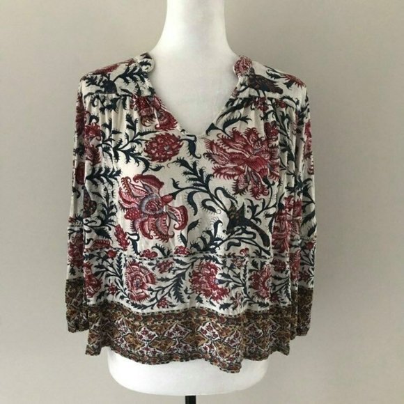 Lucky Brand Tops - LUCKY BRAND Boho Peasant Blouse Top Size XS Floral Paisley Red Blue Cream Print